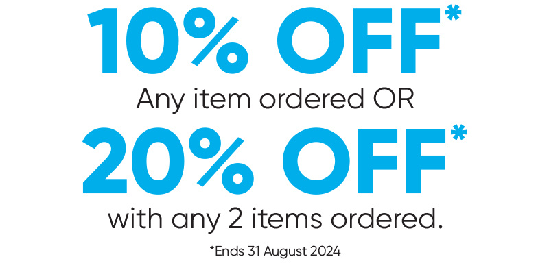 10% off any item. ordered or 20% off with any 2 items ordered.